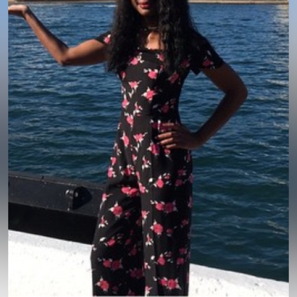 Nasty Gal Black Jumpsuit with Pink Floral Design